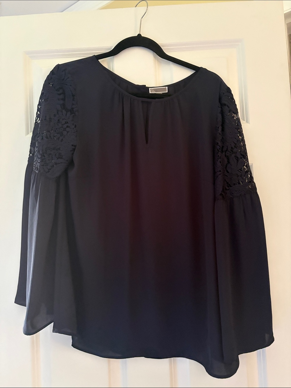Chelsea28 Navy Lace-Sleeve Peasant Blouse